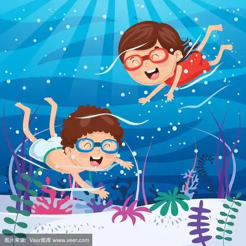 儿童在水下游泳的矢量插图
