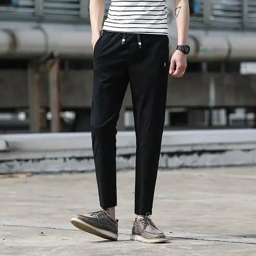 时尚潮男士休闲裤黑色小脚裤男百搭裤子男潮流新款九分裤