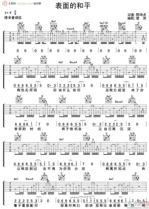 表面的和平吉他谱陈绮贞f调吉他图片谱2张