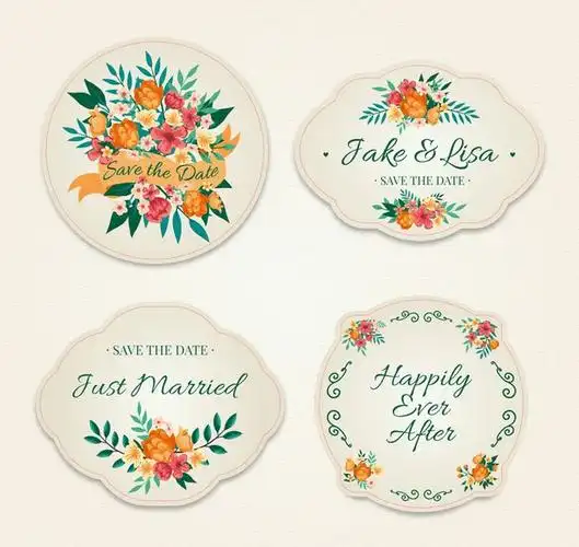 4款彩色花卉婚礼标签矢量素材