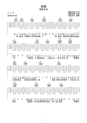 我曾-隔壁老樊谜途音乐原版吉他谱d调六线pdf谱吉他谱-虫虫吉他谱免费