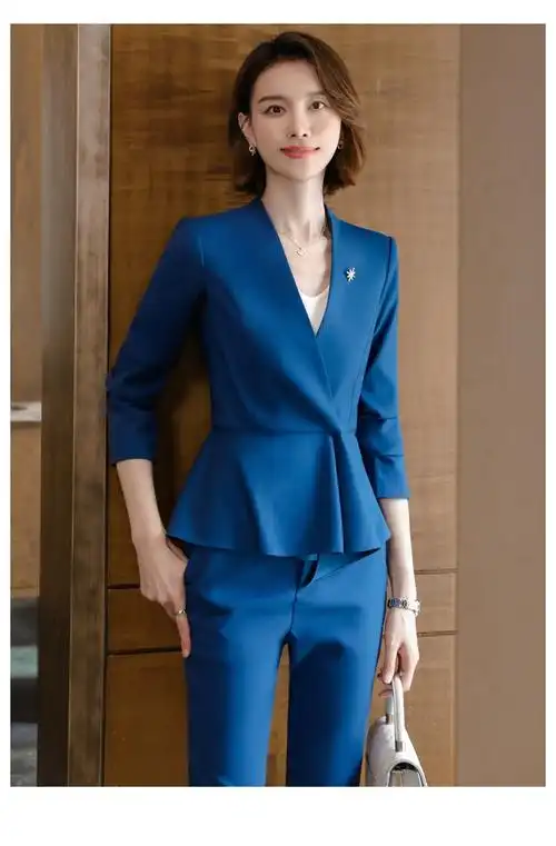 纽丰 蓝色长袖西装套装女时尚通勤正装高端气质女神范职业装无领商务