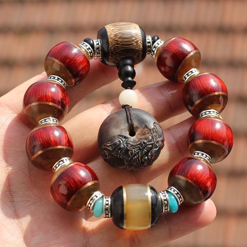 天然圆珠大叶紫檀镶嵌羊角20mm佛珠手串男士民族风礼品紫檀木手链