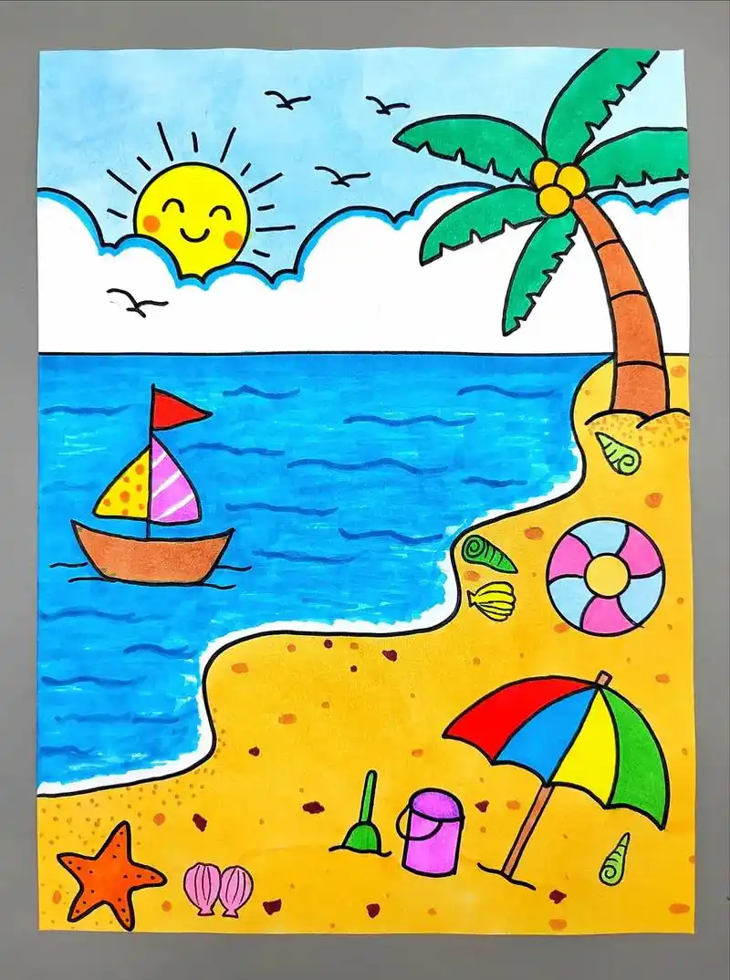 23171243498详情夏天主题画——《夏日海滩》风景画,简单好看!