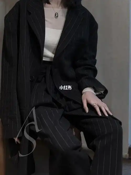 mkdt 黑色jason竖条纹廓形西装