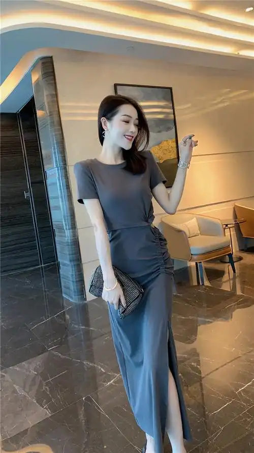 棉质显瘦开叉连体衣欧货2021年夏一步裙褶皱连衣裙女法式休闲收腰修身