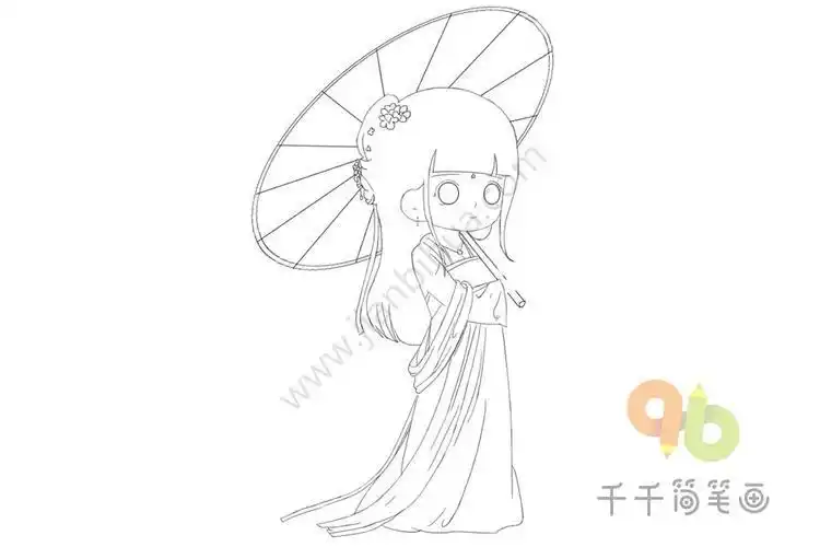 打伞的古代女孩简笔画