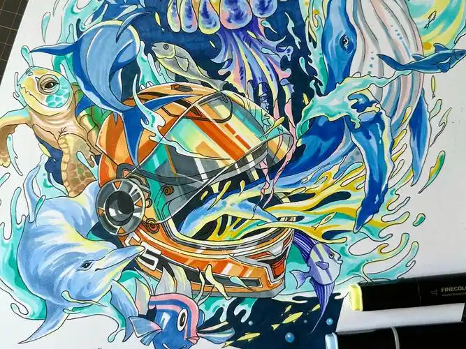【马克笔手绘】海洋主题海报插画 摩托车头盔 视觉传达设计考研