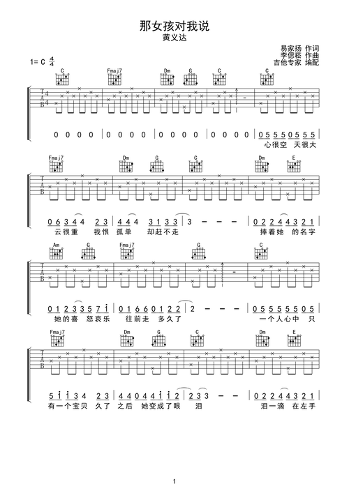 那女孩对我说 简单版c调六线吉他谱-虫虫吉他谱免费下载