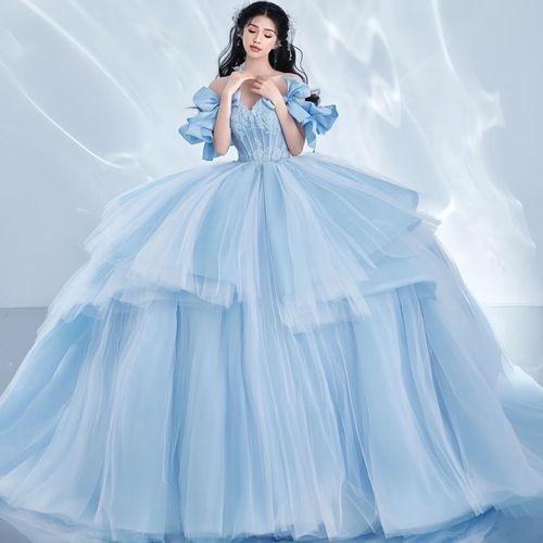 影楼主题蓝色抹胸拖尾婚纱甜美时尚公主风情侣摄影旅拍婚纱蓬蓬裙