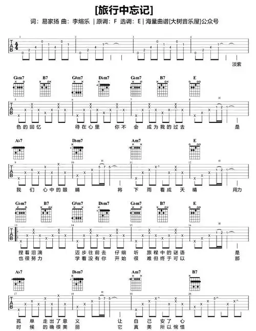 旅行中忘记吉他谱_袁娅维_e调六线谱_ 吉他弹唱演示/教学