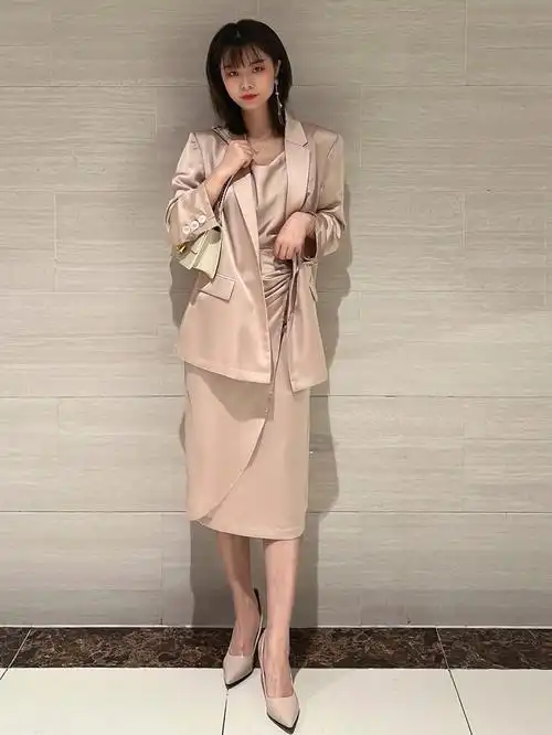 rococo香槟色缎面西装半裙