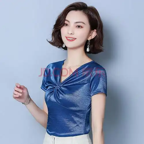 女装 t恤 恒源祥 恒源祥 真丝短袖女上衣夏季桑蚕丝v领显瘦打底小衫