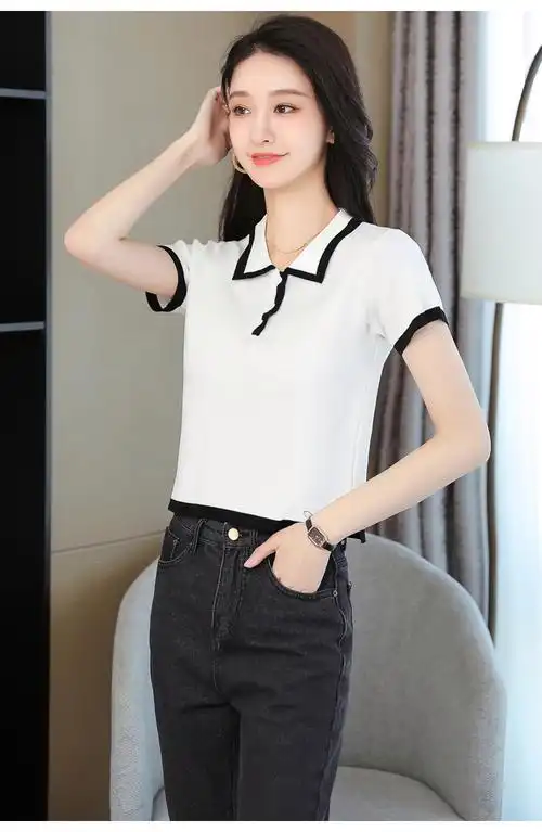 夏天带领女士冰丝短袖上衣有领子的小个子薄款针织衫女夏季翻领高腰短