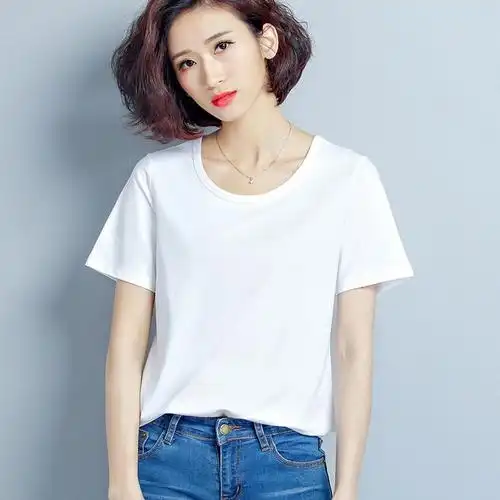 夏季纯白色t恤女短袖宽松纯棉韩版简约t恤百搭上衣女士体恤打底衫