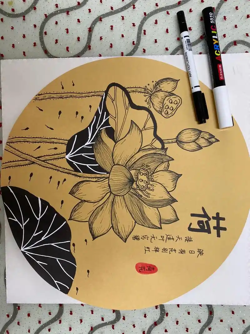 黑白线描画 荷花线描,适合一年级以上的同学哦～ 如需材料: - 抖音