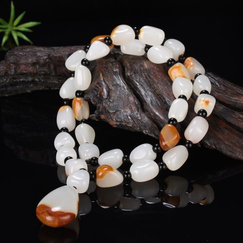 新疆和田玉项链玉石籽料原石珠子带黄皮玉坠链子项链