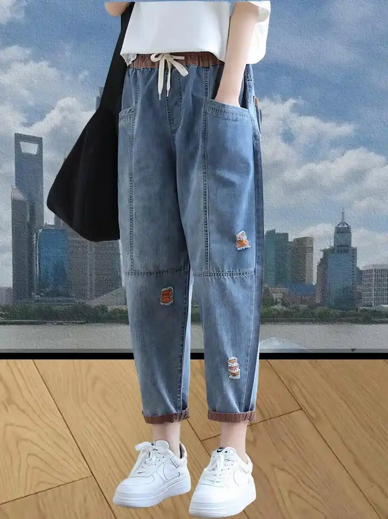 谁穿谁好看 九分牛仔裤女夏季新款宽松松紧腰大码休闲哈伦裤 - 兑音