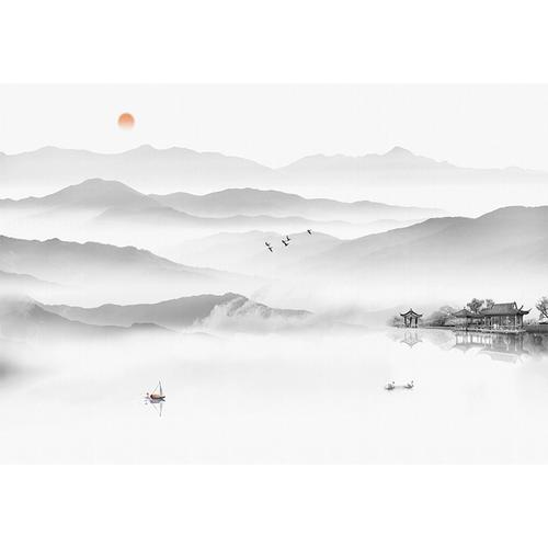 简约现代新中式意境水墨山水墙纸壁画沙发电视背景墙壁纸无缝墙布