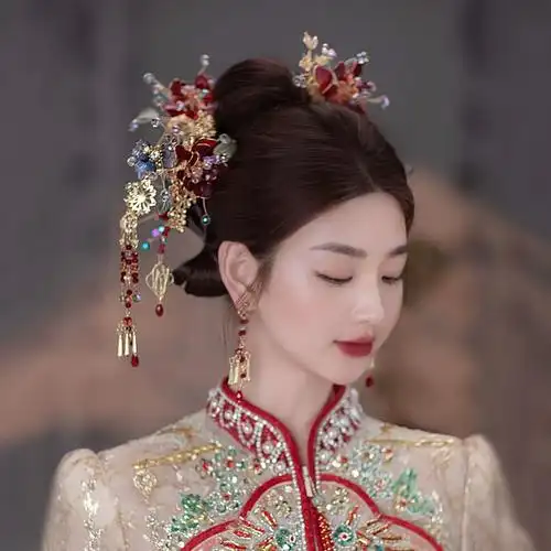 新娘头饰中式古风红色造花液古典流苏簪子秀禾服龙凤褂结婚发饰品