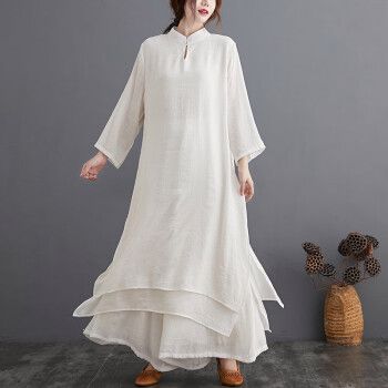 悦澈禅服佛系女夏天打坐服中国风白色仙气禅舞服禅修居士服禅意宽 米