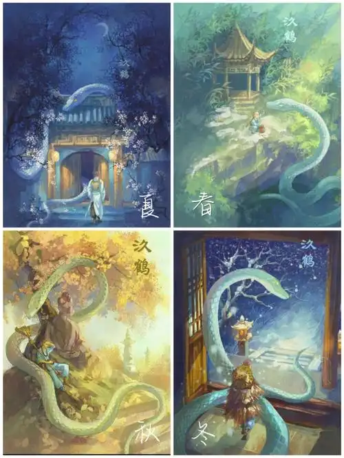 古风插画一口一个小和尚四季系列集合
