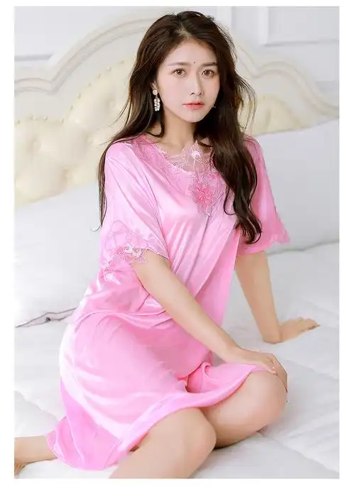 春夏季仿真丝睡裙女士性感情趣睡衣夏冰丝绸中袖大摆裙家居服中粉
