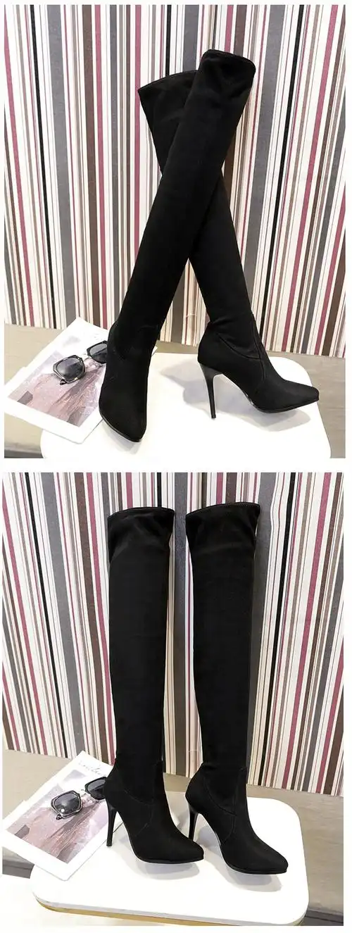 过膝盖的女生过膝长筒靴高跟秋天秋冬尖头长桶超长靴女细跟弹力靴瘦瘦