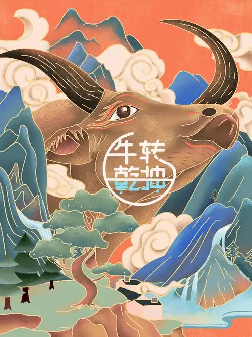 牛转乾坤牛年国风插画海报