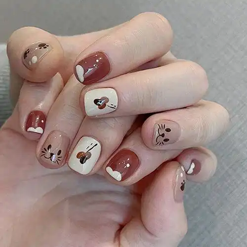 猫咪猫爪印穿戴甲片短款可爱童趣美甲贴片咖色奶白撞色假指甲成品