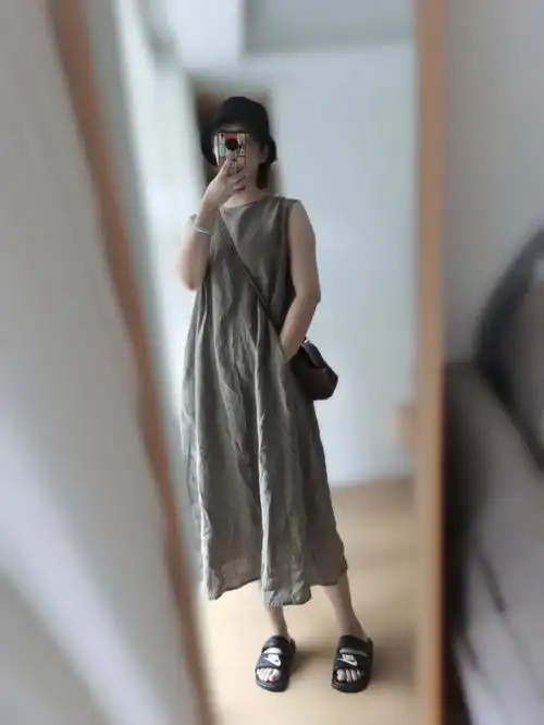 muji亚麻水洗无袖连衣裙