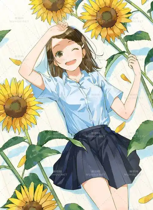 阳光满满的向日葵与女孩插画作品