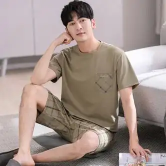 森恒羊品牌夏季睡衣男棉质薄款短袖短裤青年家居服夏天夏款男装加肥p