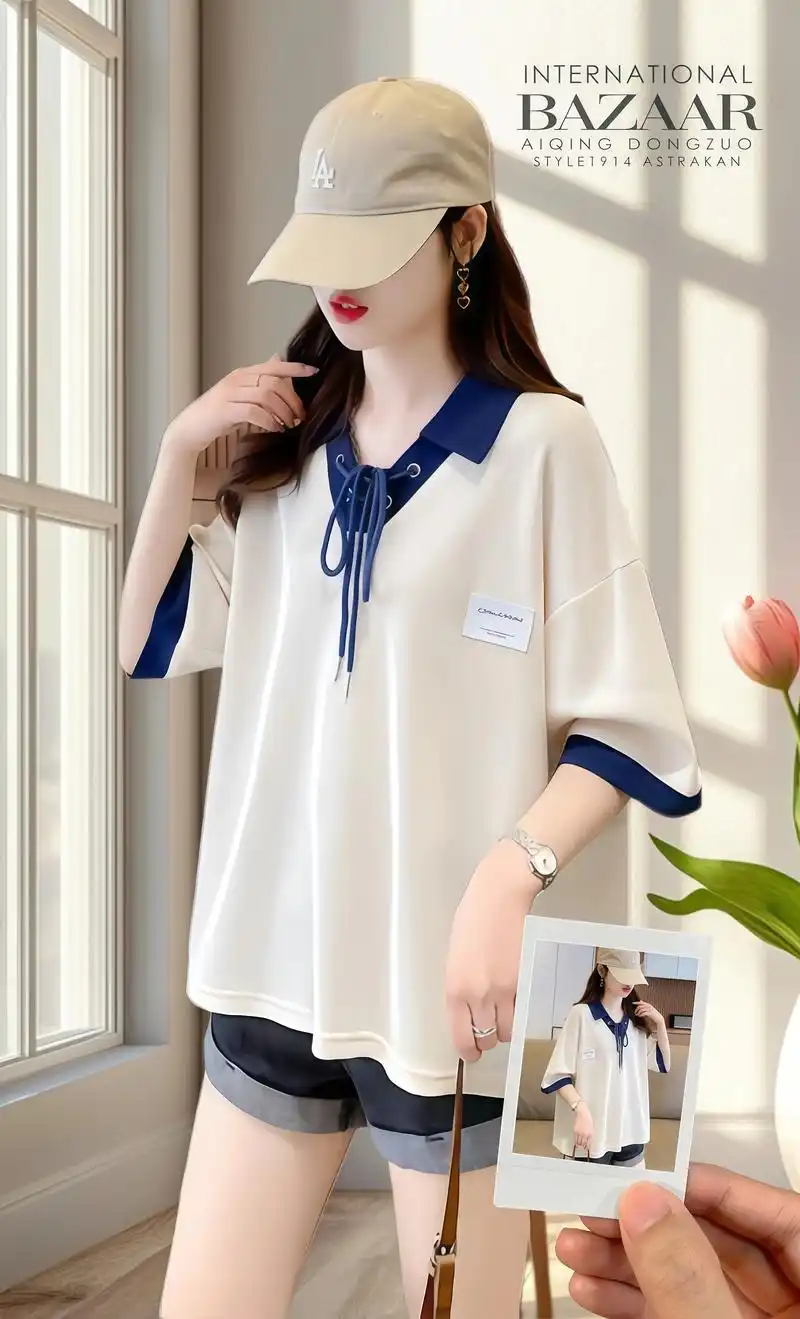 华夫格短袖t恤女夏季韩版宽松大码女装polo领拼色个性系带上