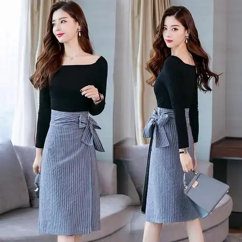套装女夏款女士新品韩版一字肩漏肩上衣高腰半身裙子时尚两件套潮