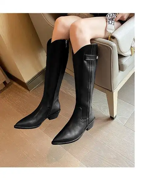 条纹色拼接皮带扣装饰时尚百搭女靴子英伦风街头女士皮靴米白色绒里34