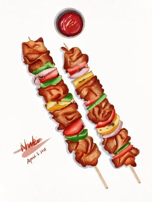 ipad手绘水彩什锦鸡肉串附线稿