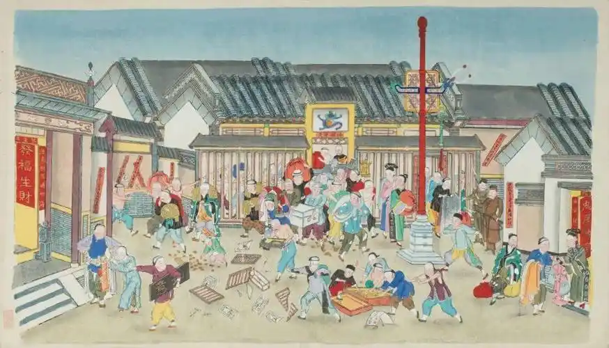 艺博藏杨柳青年画《抢当铺》生动记录了北京城发生的一次贫民暴乱事件