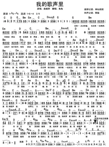 我的歌声里吉他谱(简谱及和弦)