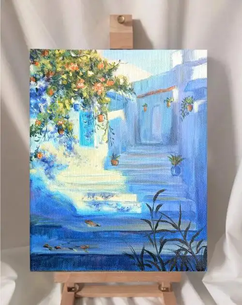 手绘丙烯画蓝色小镇