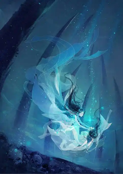 侵h冷色调插画手绘古风少女唯美