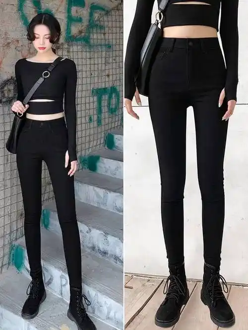 韩国黑色加绒牛仔裤女九分裤高腰修身小脚裤子2021秋冬新款铅笔裤