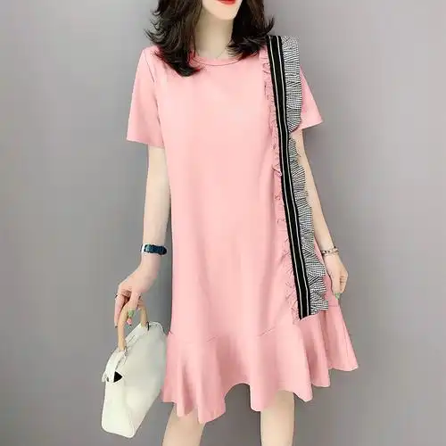 蓝色宽松显瘦圆领短袖鱼尾连衣裙欧洲站2020夏季女装新款欧货韩版