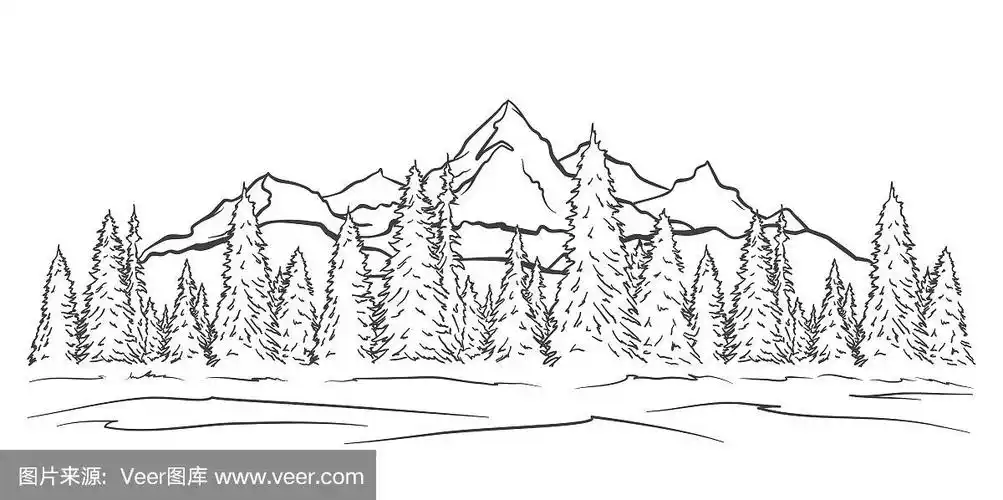 手绘山素描景观与山峰和松树林.线设计