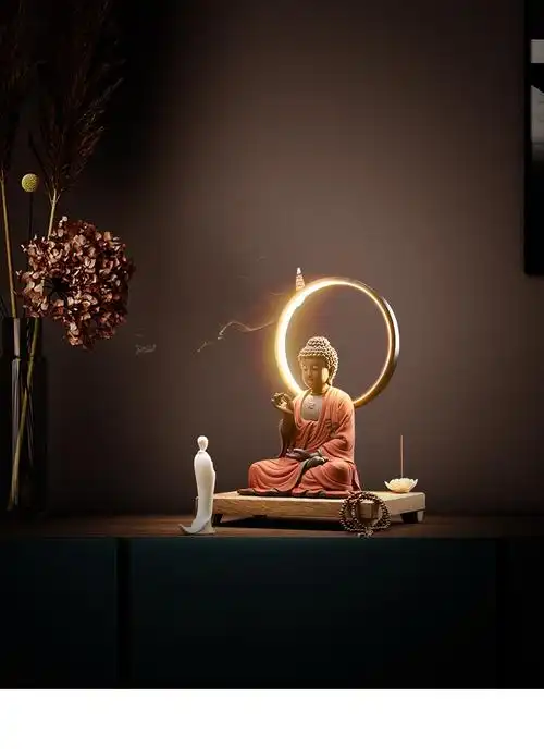 品熏香炉家用招财禅意家居室内香薰炉装饰品释迦摩尼佛红釉灯圈底座