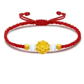 周大福硬金两世欢莲花手链女999转运珠编织手绳小金珠送女莲花2金珠