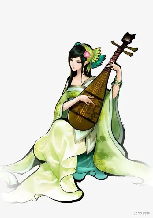 卡通插画绿衣女子弹琵琶