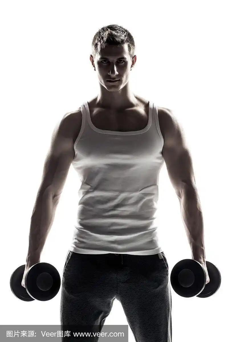 哑铃,男人,健美身材,白色背景,男性美