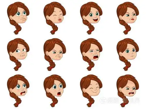 大的矢量图设置的可爱小女孩面孔表现出不同的情绪