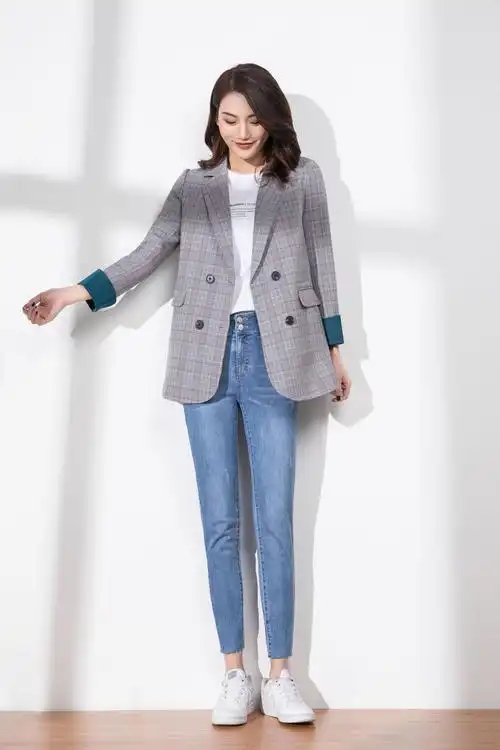 春夏新款女生格子西装休闲风宽松西服女韩版潮流女装